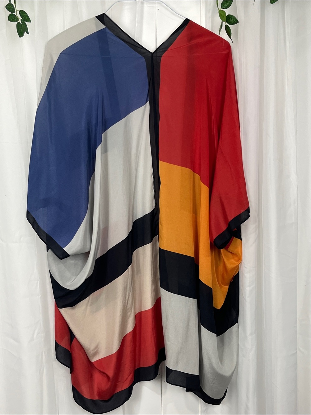 Cocoon House Womens Kimono OS Red Orange Color Block Hi-Lo 100% Silk Gorgeous